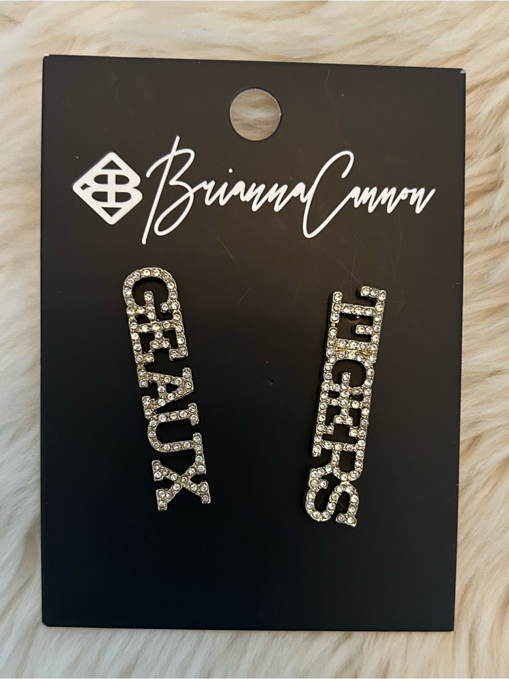 Brianna Cannon LSU Silver Crystal Letter Drop Earrings - Geaux Tigers